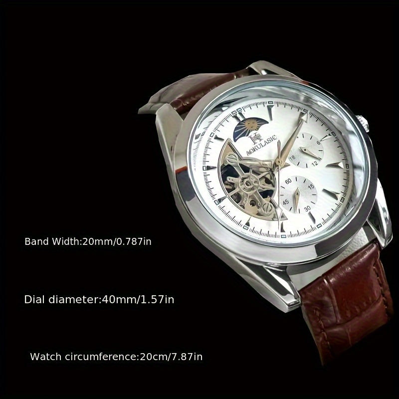 AOKULASIC Men's automatic mechanical watch featuring semi-hollow ball design with moon phase pointer.