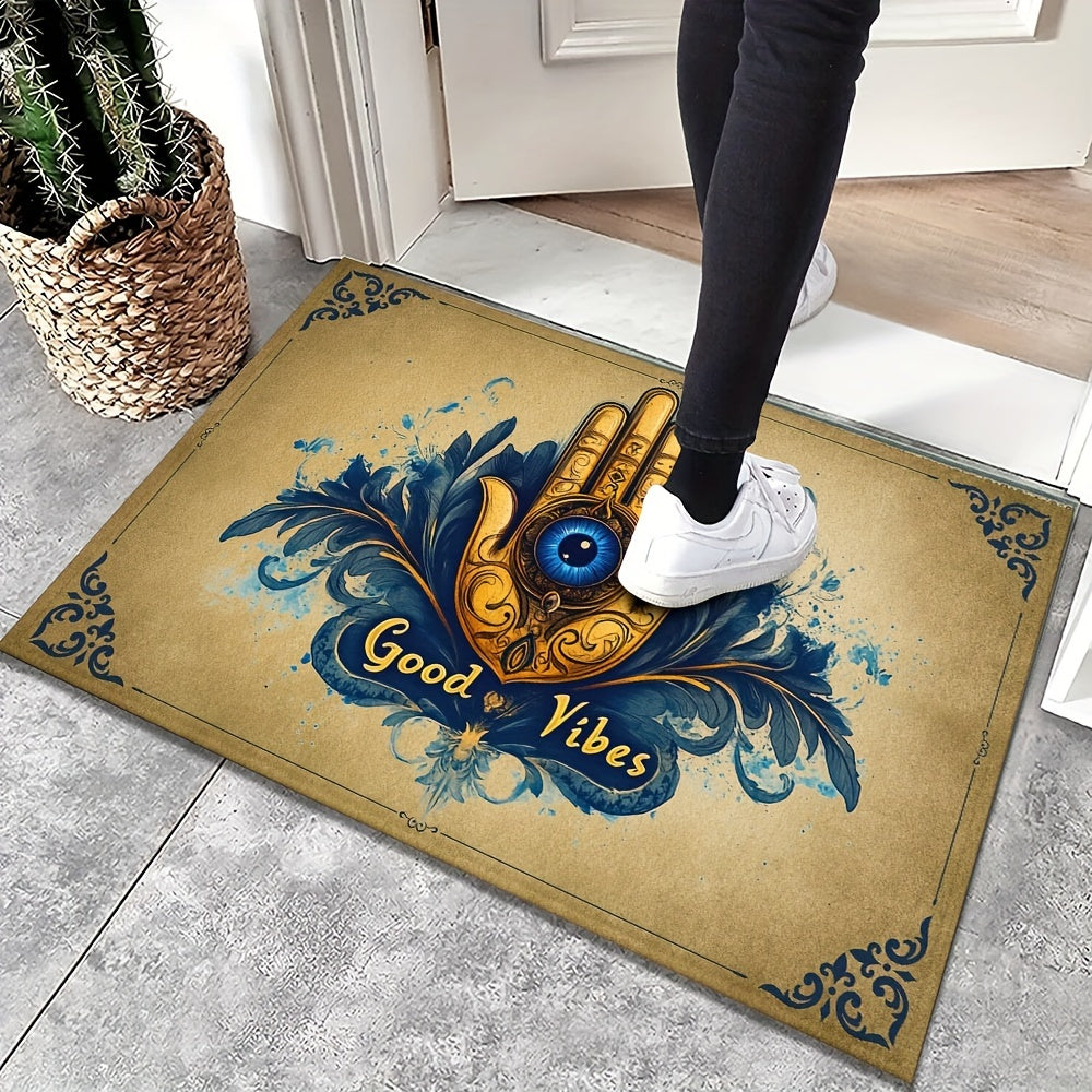 Add a touch of style to your home with this Evil Eye Welcome Doormat. Featuring a Good Vibes pattern, this decorative woven floor mat is non-slip, machine washable, and easy to clean. Made of polyester, this rug is perfect for both indoor and outdoor