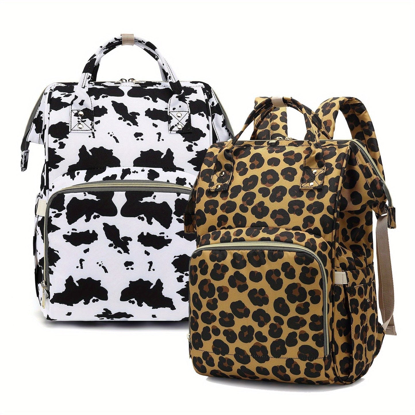 Versatile Diaper Bag Backpack with Stroller Hook, Perfect for Both Parents, Spacious and Stylish with Cow Print and Leopard Print Design - A Must-Have Travel Essential.