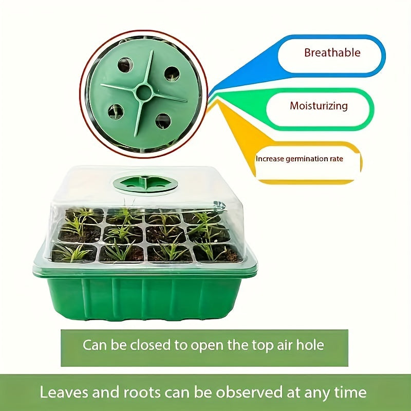 5-piece plastic germination tray set with adjustable vents for vegetables, flowers, and succulents. Reusable and breathable, includes plaid accessory and special function features.