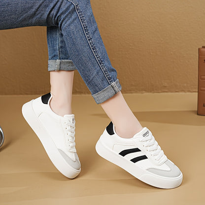 Breathable Lace-Up Cap Toe Sneakers with Korean Style Stripes for Women - All-Season Fashion Shoes with PVC Sole and Non-Woven Insole