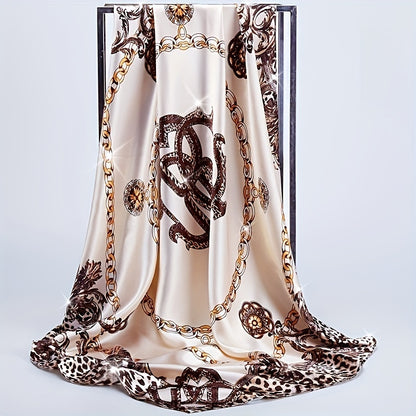 Luxurious 88.9cm square satin scarf for women featuring classic leopard and chain print. Made of soft polyester fabric, suitable for outdoor fashion as a versatile head wrap and shawl.