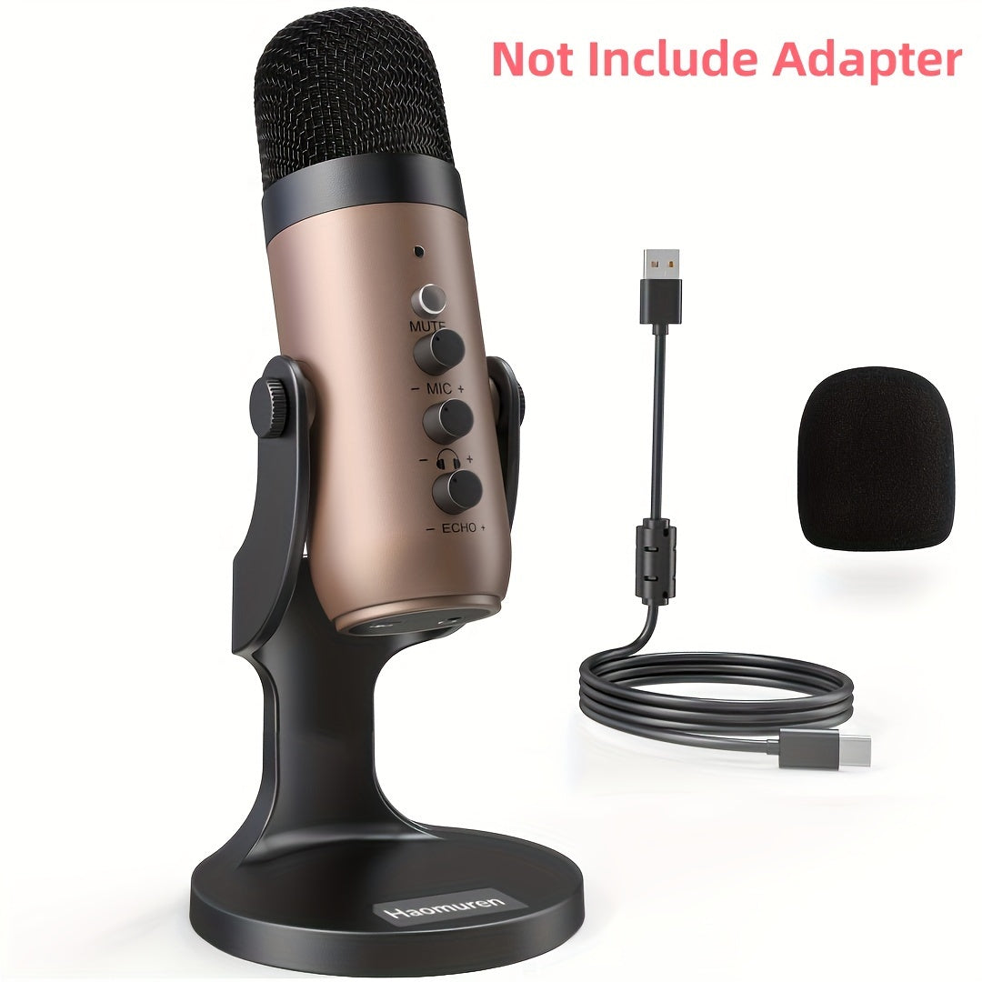 USB condenser microphone with volume and gain control, clear sound for podcasting, gaming, and streaming. Compatible with PS4/5, Mac, and Windows. Includes cable, windscreen, stand, and