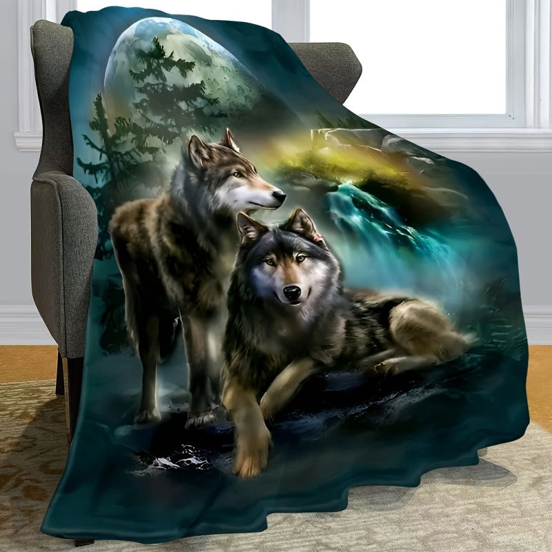 Stylish Glam Wolf Moon Green Plush Throw Blanket, Soft Hypoallergenic Fleece with Wolf Theme Décor, Made from Knitted Polyester, Requires Dry Cleaning, Versatile All-Season Throw with Special Decorative Details