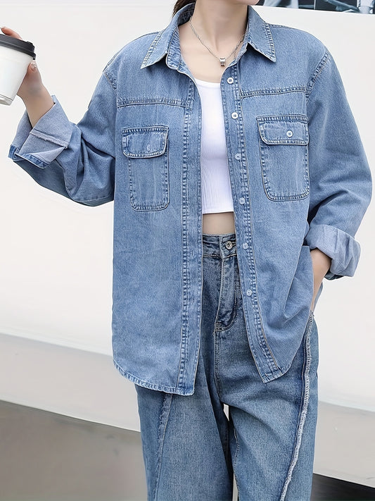 Blue denim jacket with lapel collar and pockets, casual style for women