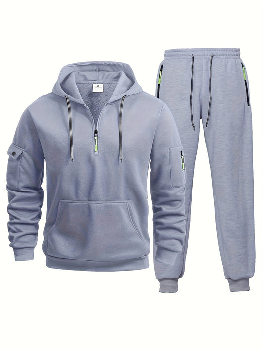 2pcs Men's Casual Sports Sweatsuit Set with hooded pullover and joggers in solid color, slight stretch, lightweight with pockets. Suitable for hiking, running, and sports activities, for