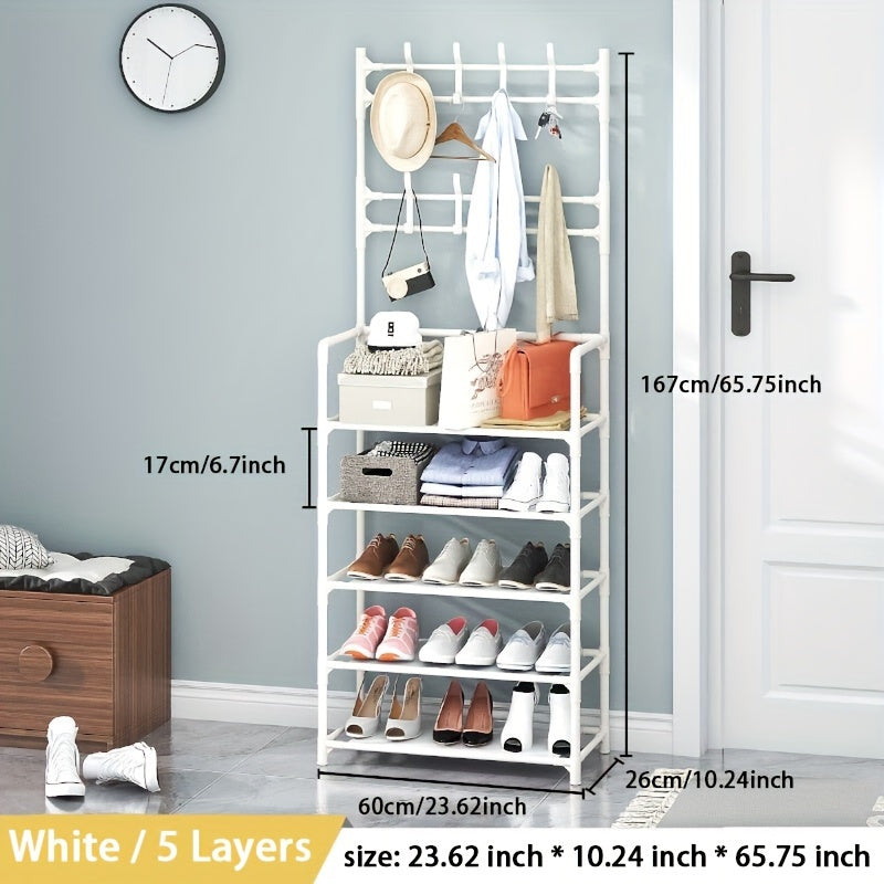 3-in-1 shoe rack with metal hooks and dust cloth, perfect for entrance, living room, or bedroom. Easy to assemble and move, provides sturdy storage.