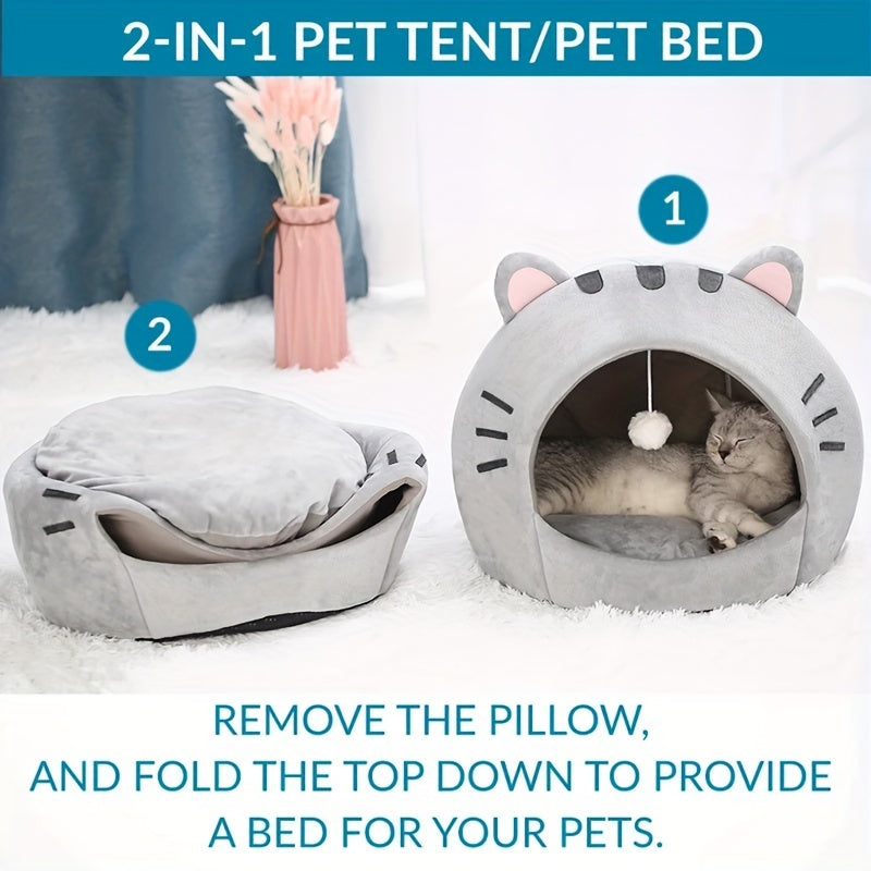 Polyester fiber cat bed with cushion and small tent for indoor pets.