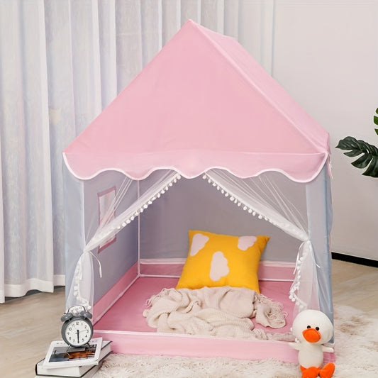 Pink indoor tent castle with hanging toy, made of durable PVC and polyester. Features plush interior, clock, and cute duckling decor for kids' rooms and kindergarten.