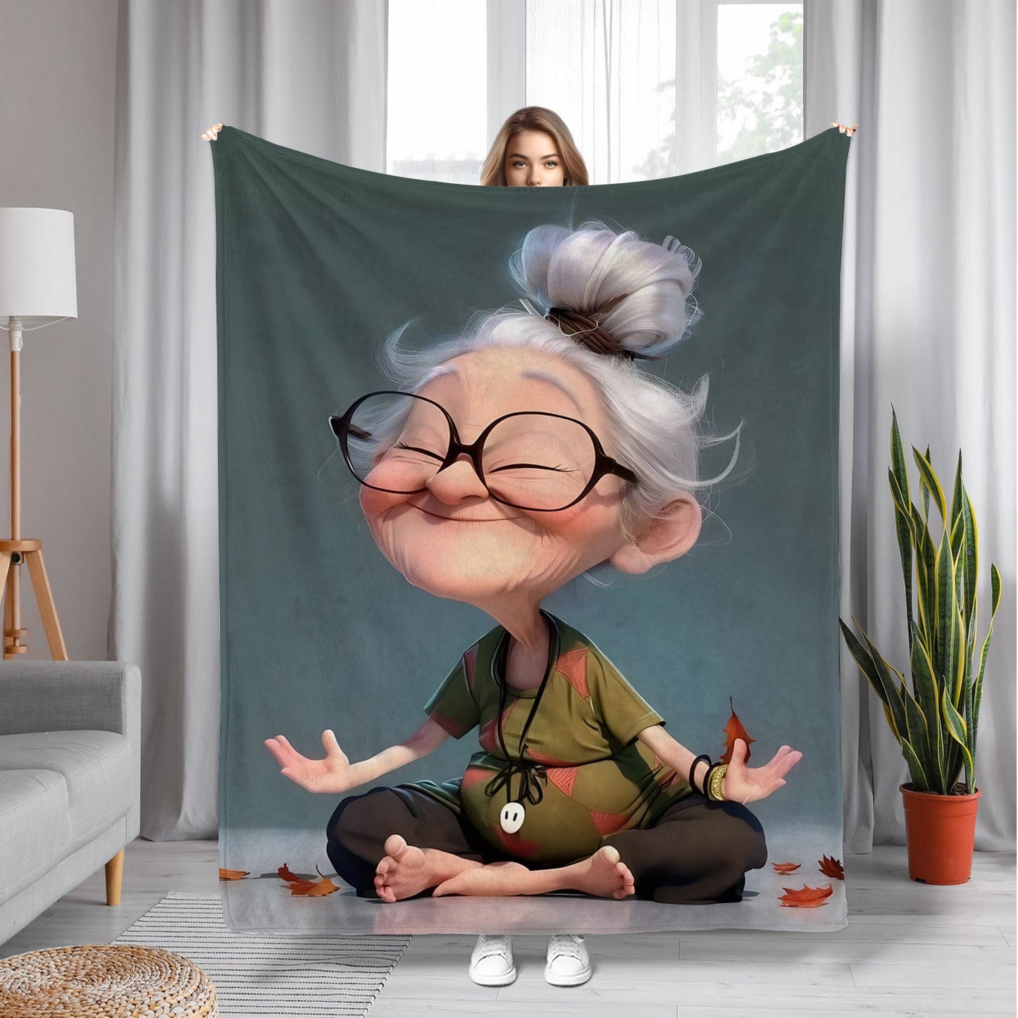 Modern Yoga Granny Throw Blanket made of Soft and Comfortable Flannel Fleece, featuring a Digital Print on Polyester material. It is a Lightweight Fabric weighing 200-250g, with All-Season Cozy Knitted Craftsmanship. Perfect for gifting to family