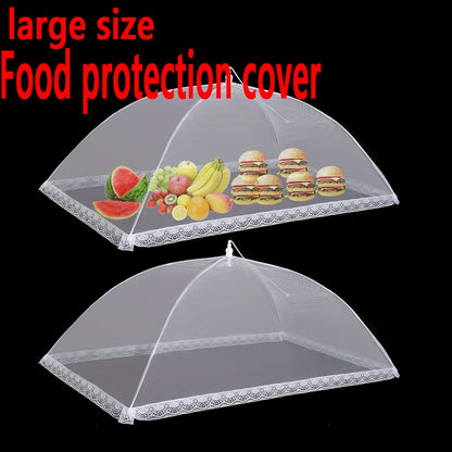 Large festive food cover with white mesh canopy and lace design for outdoor gatherings, picnics, barbecues, camping, and kitchen organization.