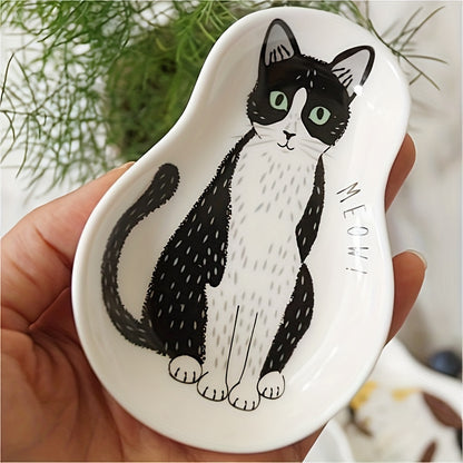 Cute ceramic plate for sauces with kitten pattern, perfect for home kitchens or dorm rooms. Versatile for chili sauce, mustard, ketchup, salad dressings, and vinegar.