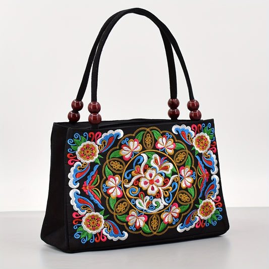 Colorful floral embroidered tote bag for women, lightweight with double zipper closure, black with mandala design, perfect for casual or holiday use. Stylish everyday handbag with wooden