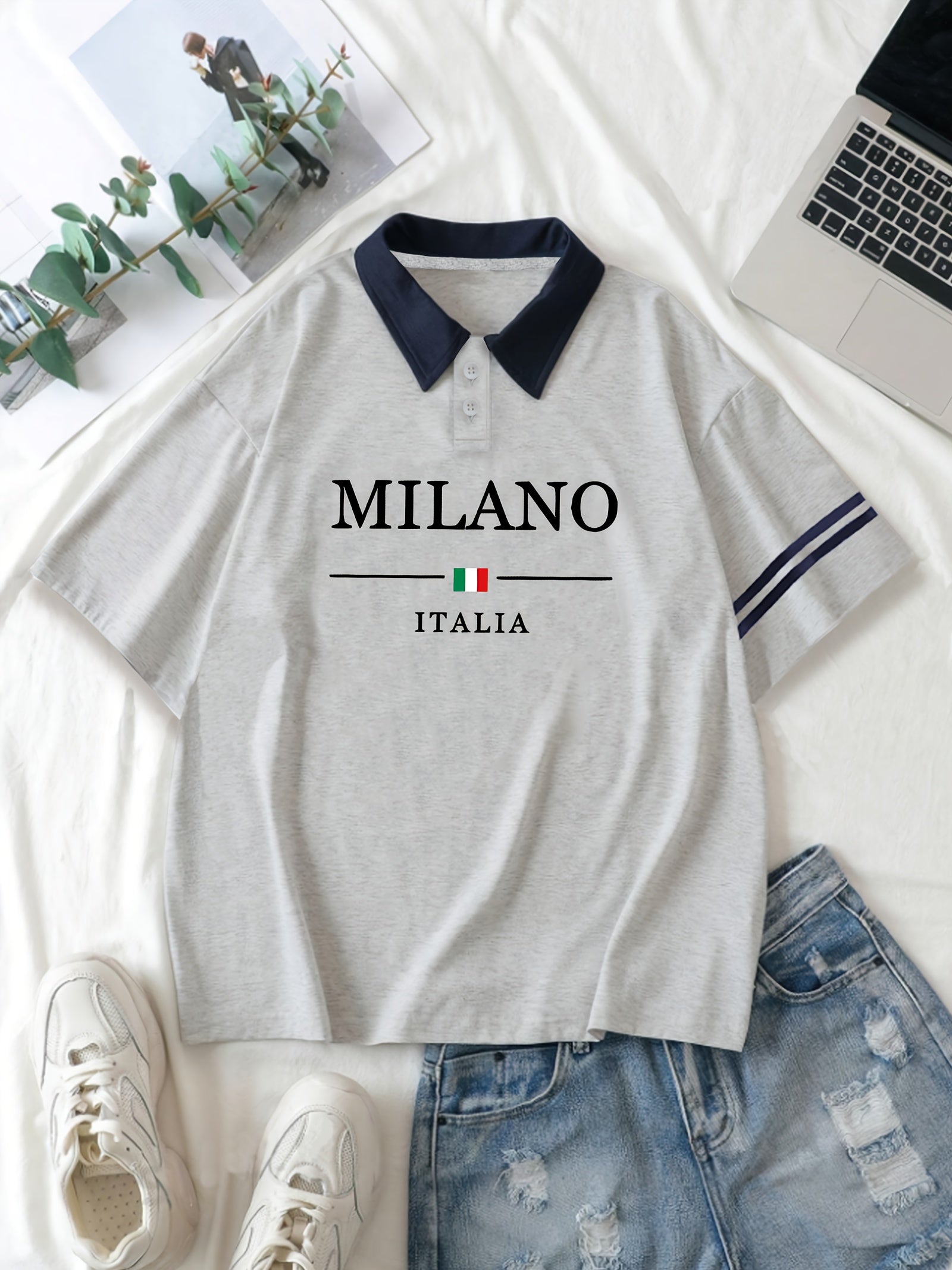 Milano Italy Graphic Polo Shirt for Women, Y2K Fashion Casual Tee, Polyester 95% Spandex 5% Knit Fabric, Geometric Pattern, Casual Sportswear