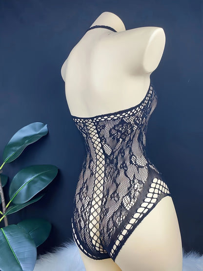 Stylish lace bodysuit for women with a hollow design and body-shaping corset top made from polyamide and knit fabric.