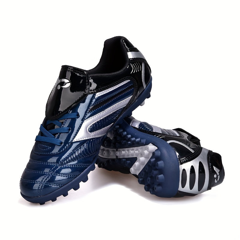 Men's all-season soccer cleats with geometric pattern, faux upper, fabric lining, rubber sole, EVA insole, lace-up closure, suitable for outdoor training in a sports style.