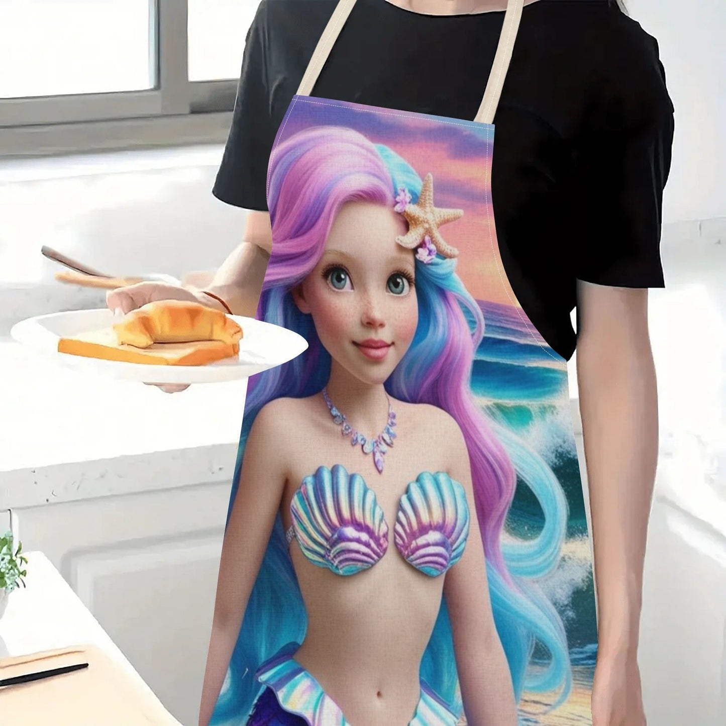 Elevate your kitchen style with the Ariel Princess Waterproof Apron by Disney! Featuring a vibrant and fashion-forward mermaid cartoon pattern design, this apron is perfect for use in hotels, supermarkets, restaurants, fruit shops, and milk tea stands.