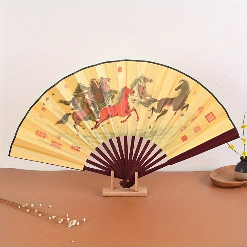 Ancient Style Chinese Fan with Exquisite Peony Plum Eight Jun Picture, 8-Inch Folding Fan