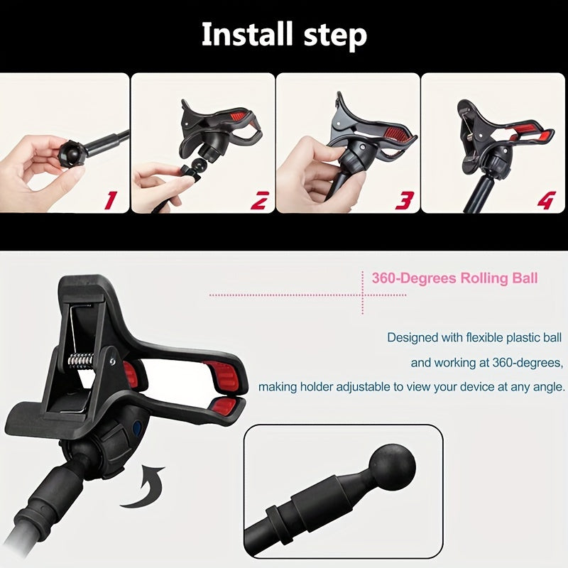 Flexible Gooseneck Phone Holder with 75.01 cm arm length, 360° adjustable clamp clip, suitable for bed, desk, and all cellphones.