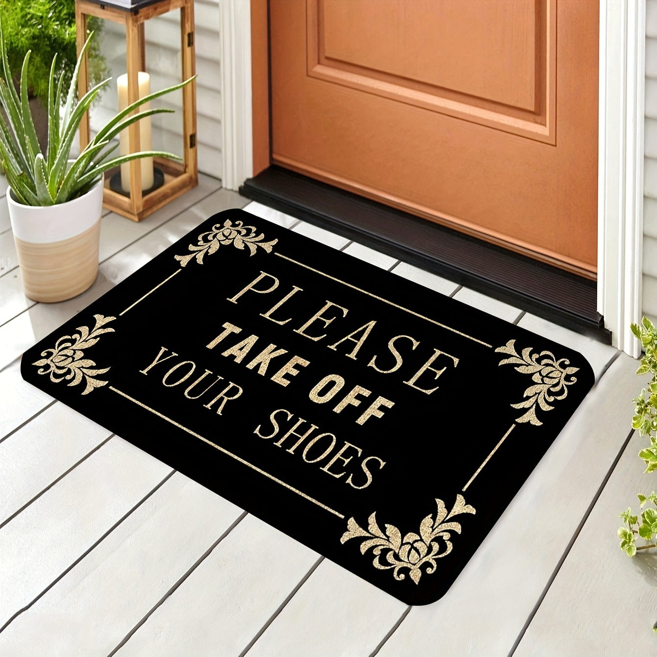 1 piece of "Please Remove Your Shoes" Welcome Mat made of polyester with a non-slip PVC backing. Perfect for front doors, kitchens, gardens, patios, porches, and machine washable for easy cleaning.