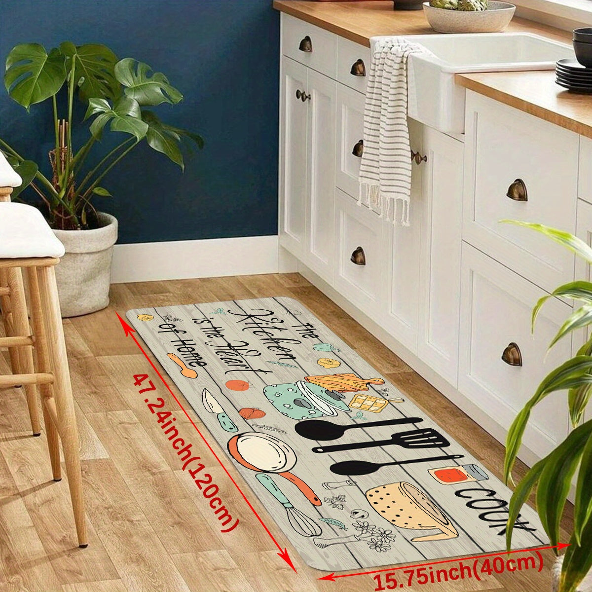 1pc Modern Polyester Kitchen Mat with Cutlery & Letter Graphics - Machine Washable Rectangular Floor Mat for Kitchen/Home Decor, Featuring "The Kitchen's the Heart of the Home" Theme. Perfect for Kitchen Rugs!