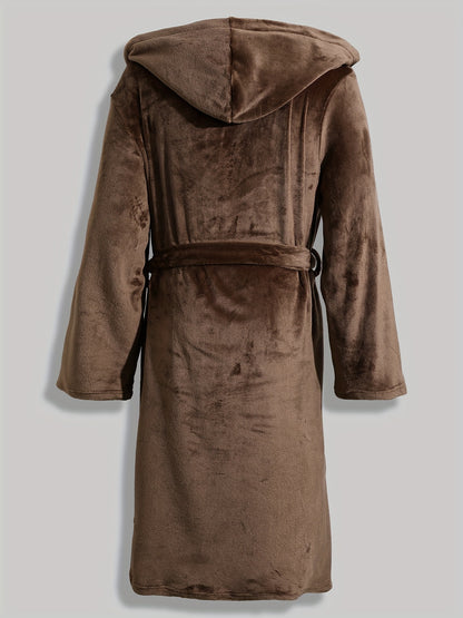 Men's cozy flannel hooded robe with dual pockets, belt, and machine washable.