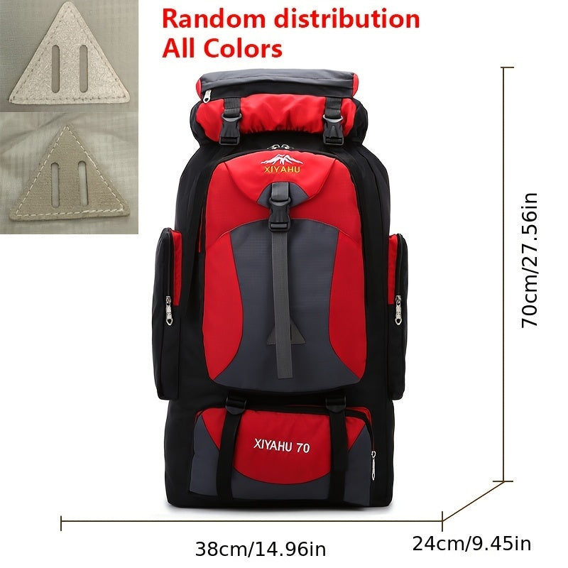 Durable nylon travel backpack for camping and hiking purposes.