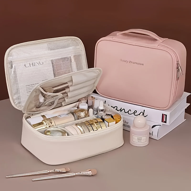 Large capacity detachable cosmetic bag with multiple layers and brush storage, suitable for both men and women.