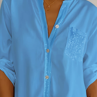 Women's Long-Sleeve Button-Up Shirt with Patch Pockets, Ideal for All Seasons, Designed for Casual Elegance.