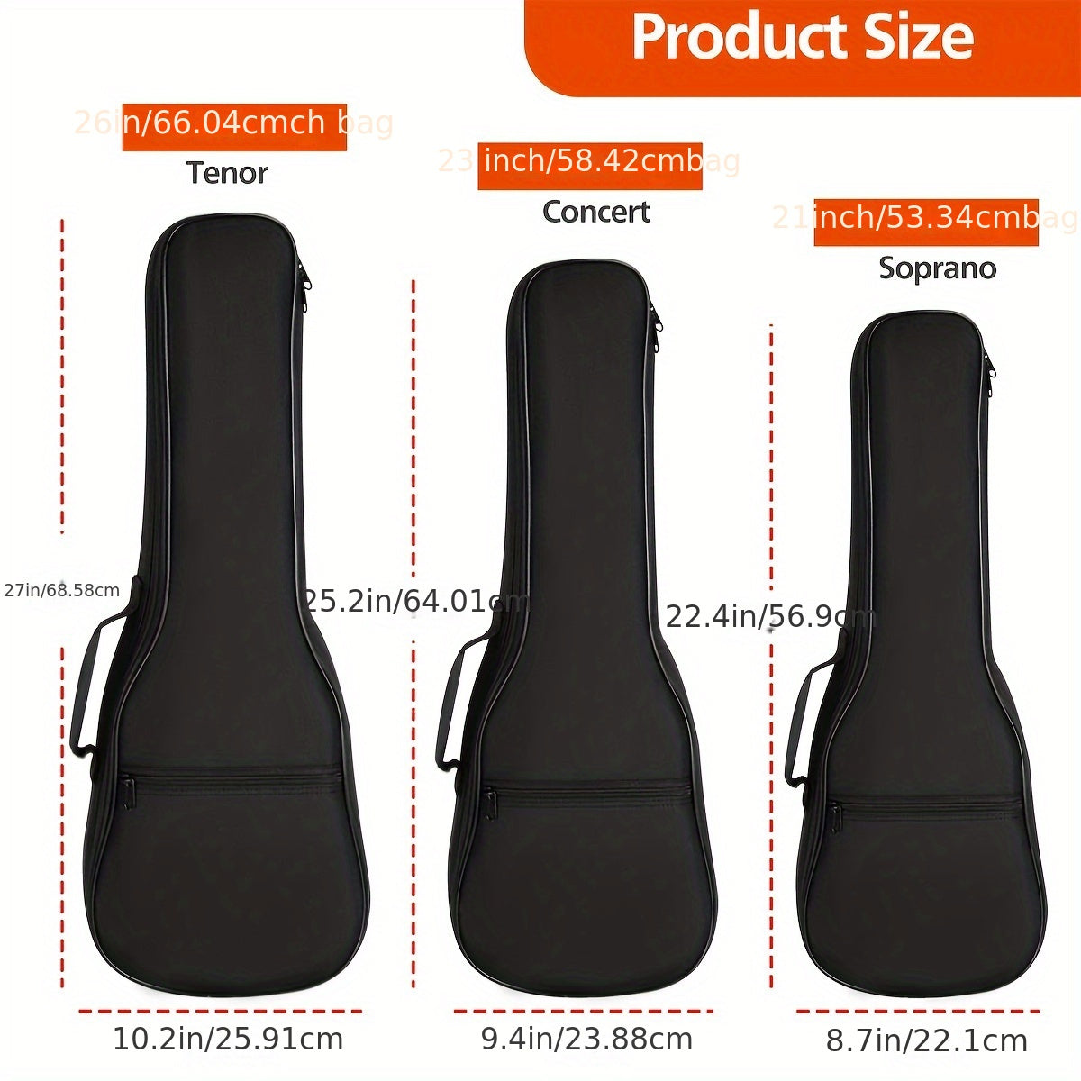 Premium black ukulele case with adjustable straps, fits soprano and tenor ukuleles of various lengths. Suitable for concerts. Ukulele not included.