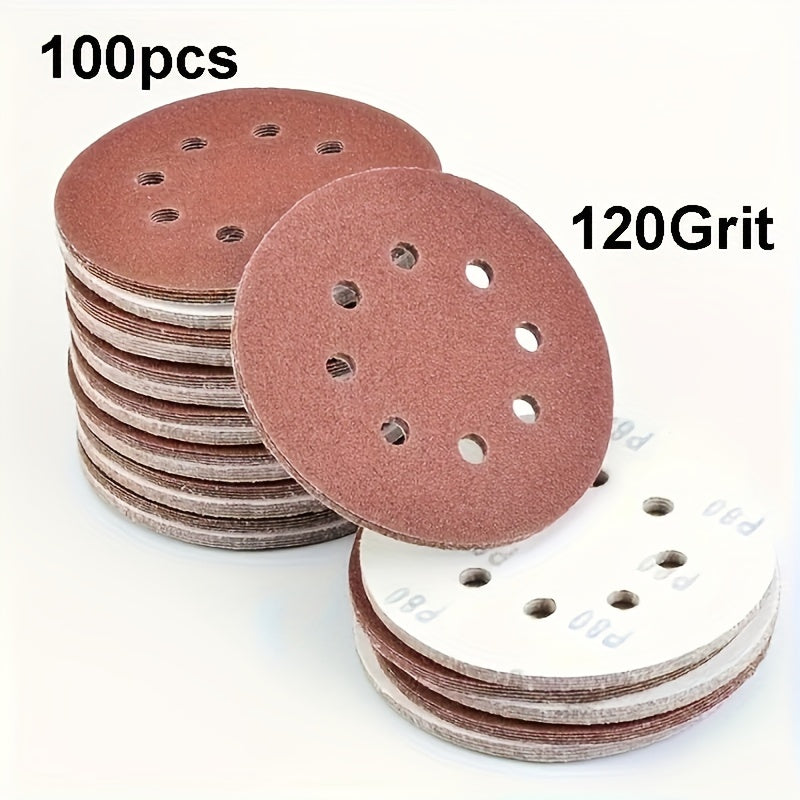 100 5-inch 125mm circular sandpaper with 8 holes, hook and ring system, used for polishing.