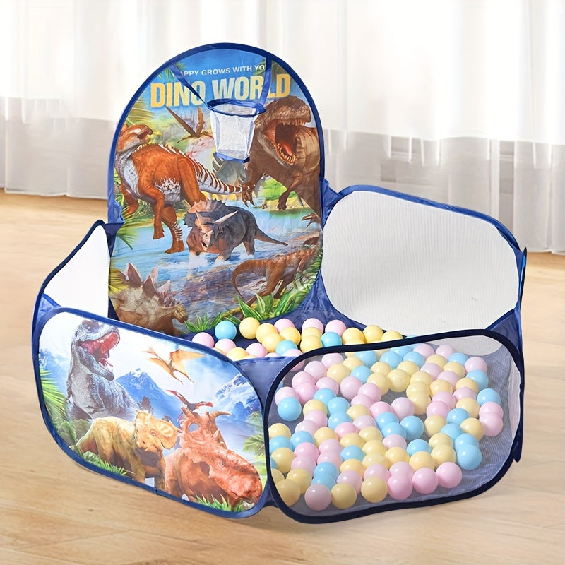 Pop-up play tent with ball pit for toddlers, featuring ocean ball fence and unique bird & dinosaur themes, made of polyester fabric and steel frame. Great gift for boys and girls aged 12