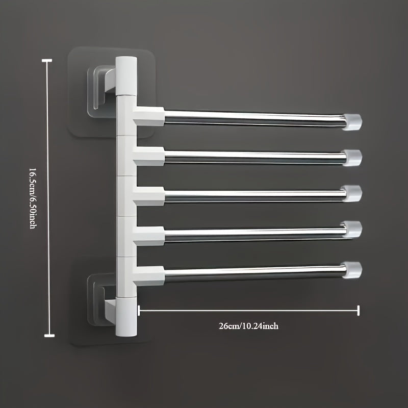 Modern wall-mounted towel rack with rotating hooks, stainless steel and plastic construction, suction cup shelf for toiletries and towels.