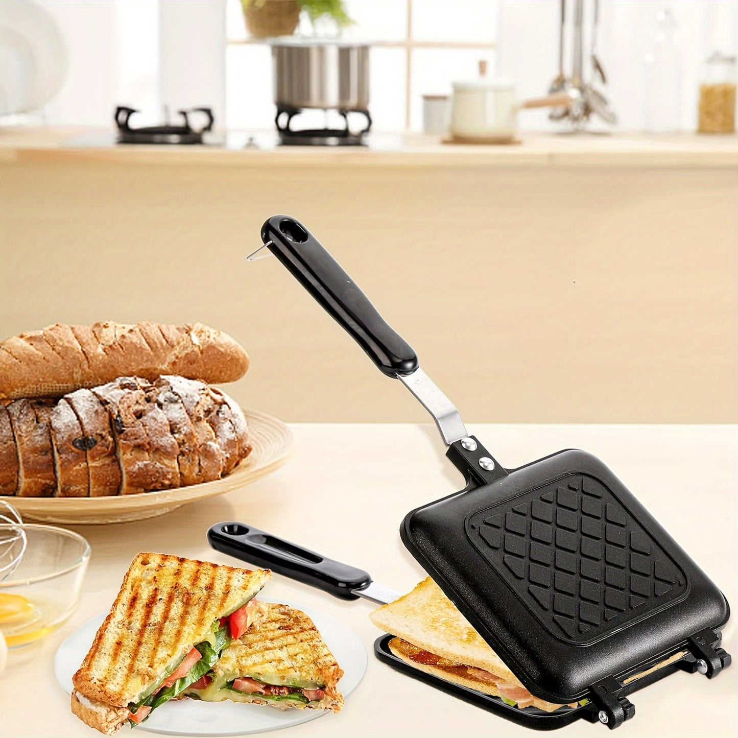 1 Non-Stick Square Sandwich and Waffle Maker with Double-Sided Roasting Pan - Perfect for Toast, Breakfast, Eggs, Outdoor Camping, and Grilling. Easy to Use and Clean, Essential for Home Cooking and Baking.