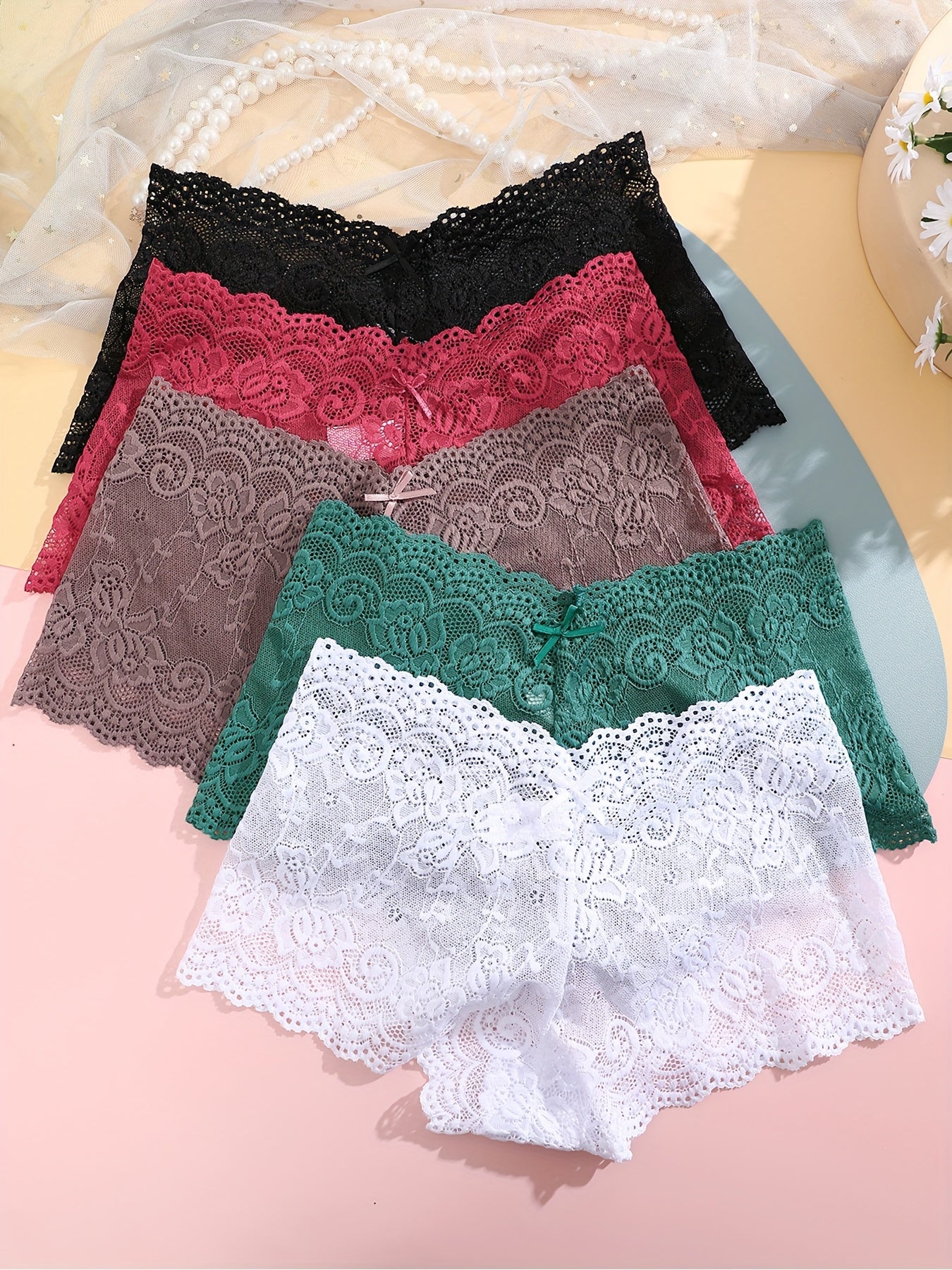 5 Floral Lace Panties: Sexy, Comfy, Mid-Rise Scallop Trim Lingerie & Underwear