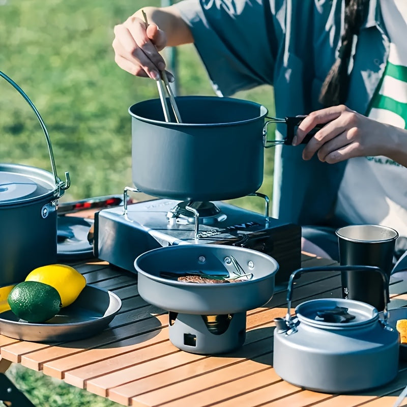 Portable Outdoor Camping Cookware Set - 8-Piece Hard Anodized Aluminum Pots and Pans with Medium Frying Pan, Medium Boiling Pot, Small Cooking Pot, 5 Bonus Accessories, Dual-Purpose Sauté and Boil, Compact Storage Ideal for Camping