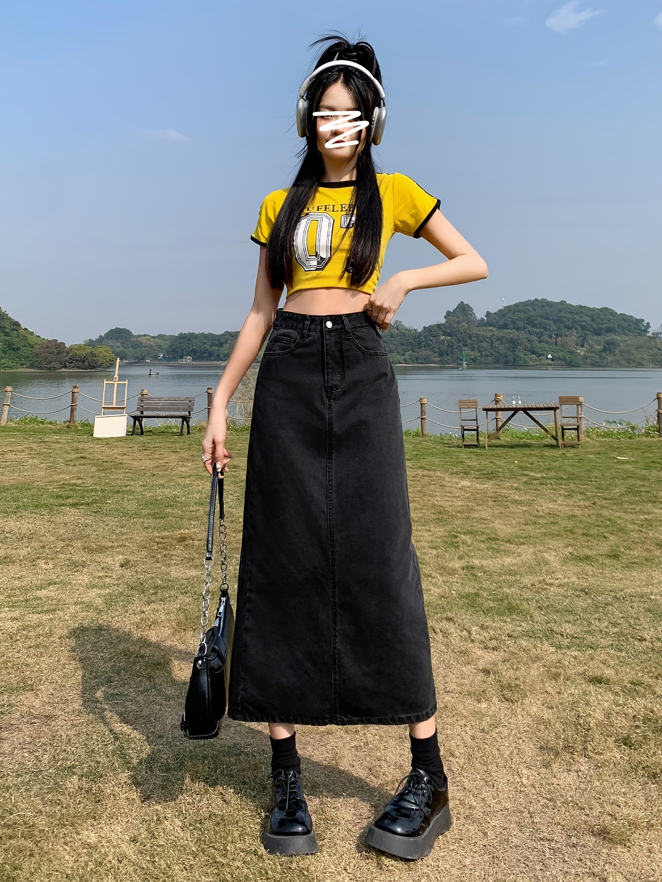 Casual denim midi skirt for women with side slit, mid-rise waist, straight cut, solid color, and pockets. Made of 55% cotton and 45% polyester blend.