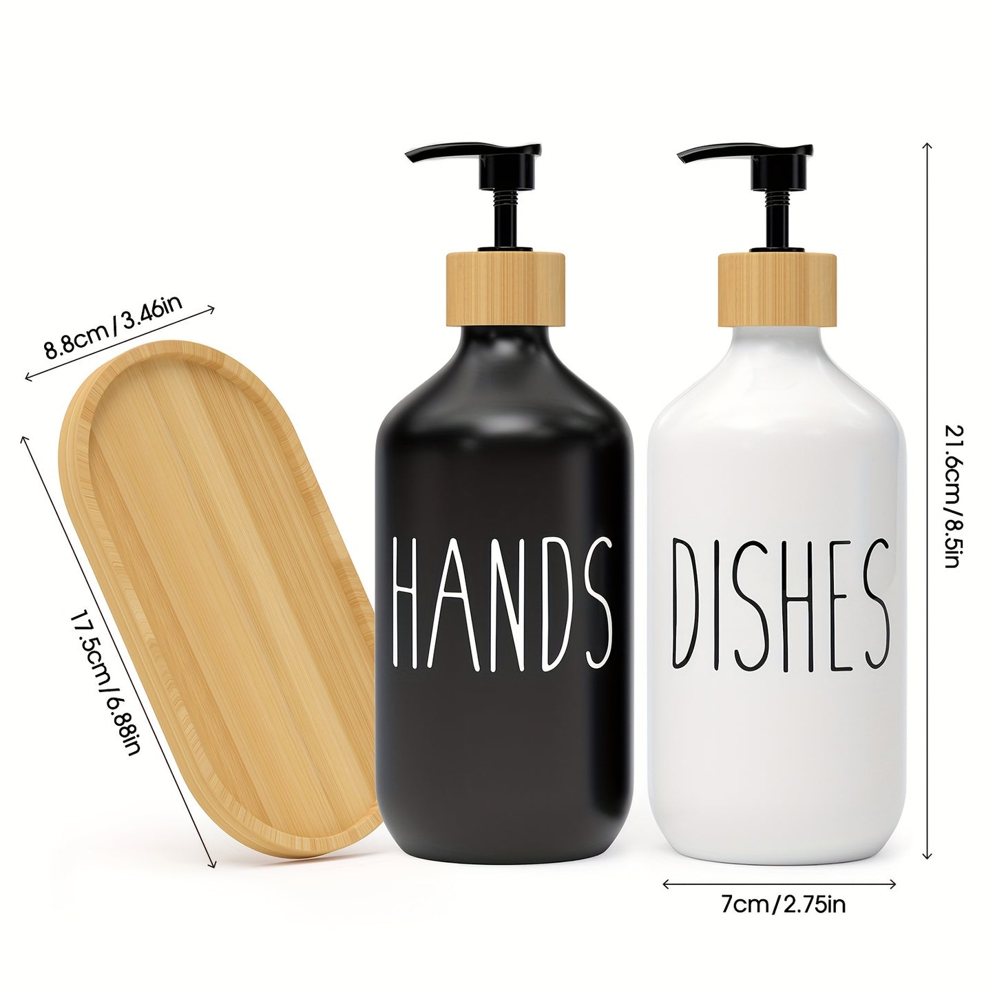 Set of 2 soap dispensers for hand and dish soap, with a countertop lotion bottle for bathroom use.