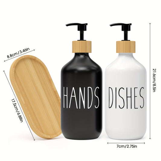 Set of 2 soap dispensers with wooden tray for bathroom. Refillable bottles for hand and dish soap. Bathroom accessories.