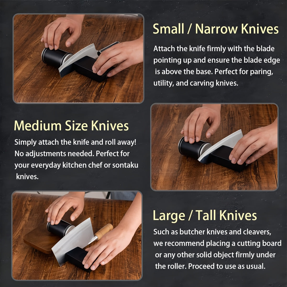 The Knife Sharpener Tool and Hob Knife Sharpener Set are ideal Christmas and New Year gifts. This set includes a Diamond and Ceramic Kitchen Knife Sharpener for Steel, as well as a 15 and 20° Knife Sharpener and a Kitchen Knife Corner Block.