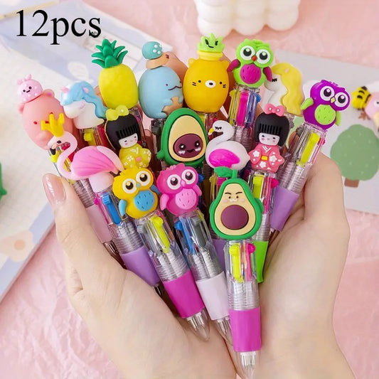 Pack of 12 cute retractable round ballpoint pens with medium tip, ergonomic design, PVC material, and various cute designs. Ideal for school and office supplies.