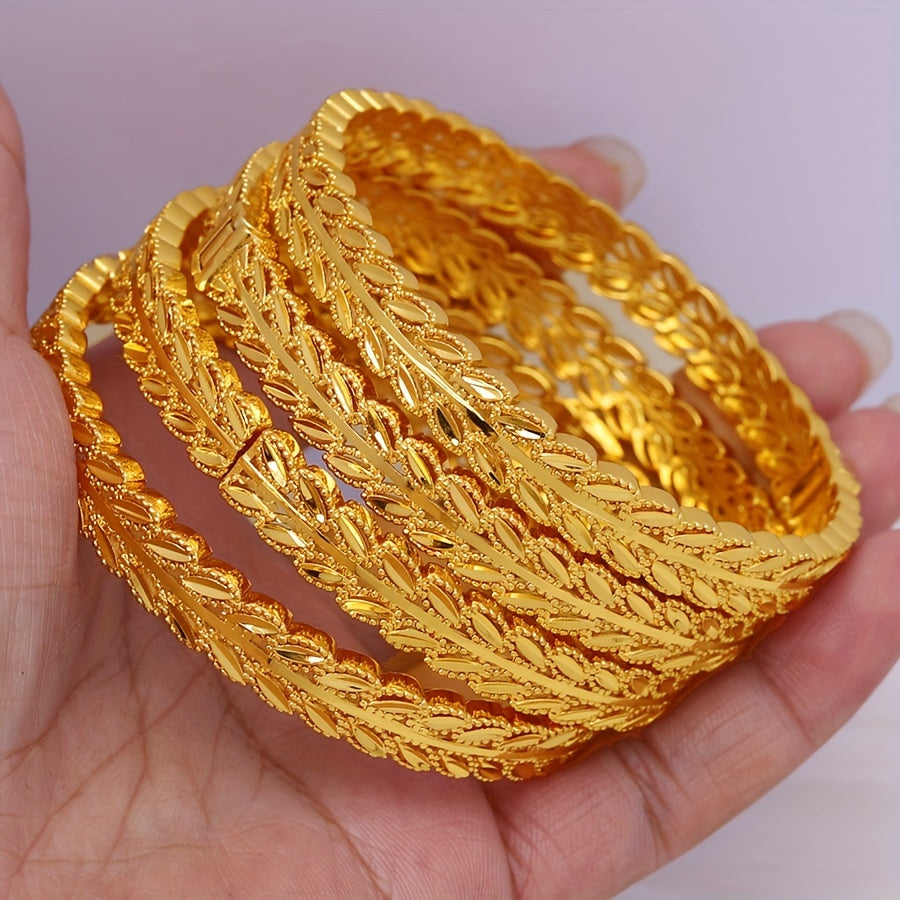 Luxurious Ethnic Style Copper Jewelry Set featuring 4 Golden Leaf Pattern Bangles for Banquets and Hand Accessories.