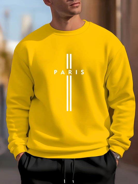 Stylish Paris letter print men's crew neck sweatshirt for outdoor sports in spring and autumn.