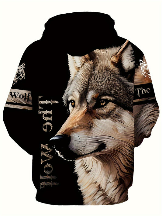 Plus size men's hoodie with wolf print, casual drawstring, machine washable.