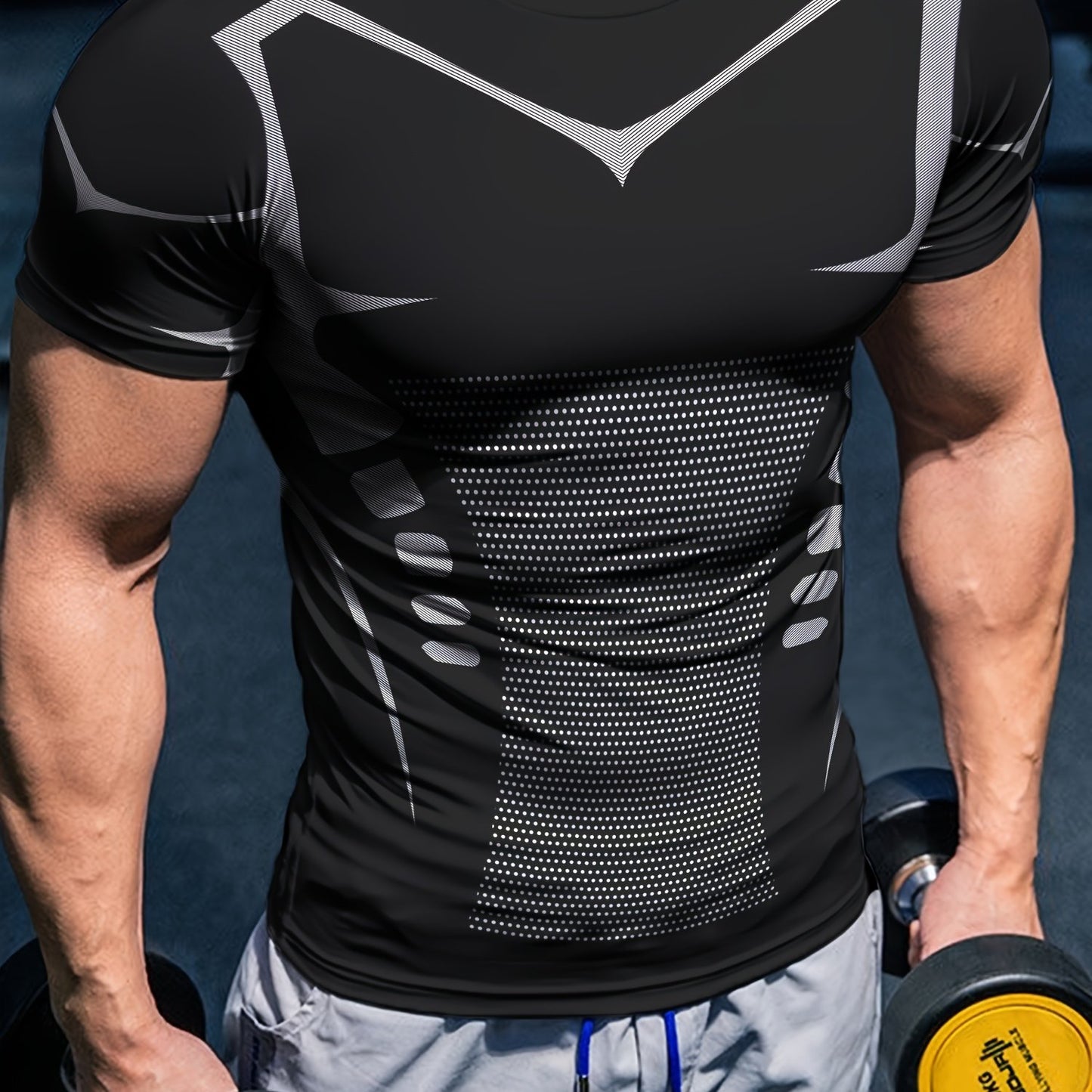 Men's quick dry sports t-shirt with geometric pattern, ideal for outdoor activities in summer. Made of stretchy, tear-resistant polyester fabric.