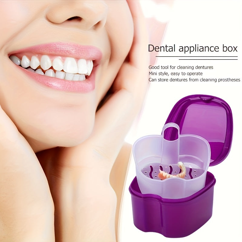 Durable plastic case with built-in brush and filter for complete denture care.