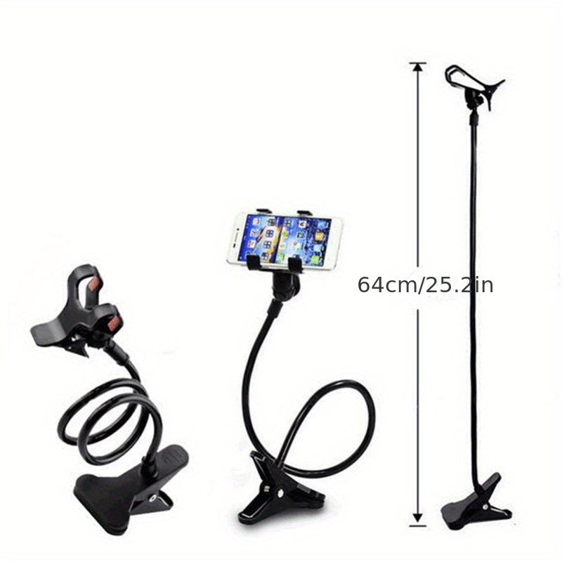 Adjustable gooseneck phone holder with claw clip - flexible stand for smartphone, 360° swivel mount for desk or wall, 63.5cm.