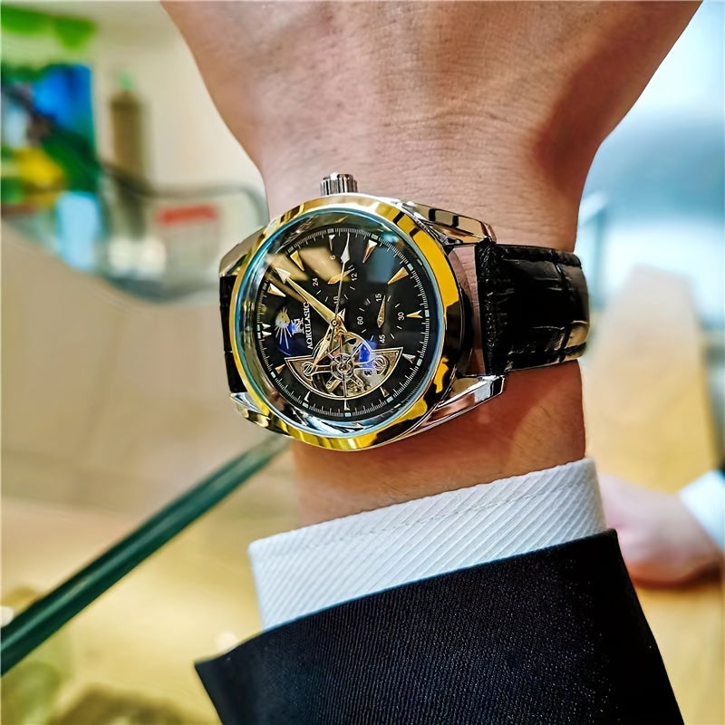 AOKULASIC Men's automatic mechanical watch featuring semi-hollow ball design with moon phase pointer.