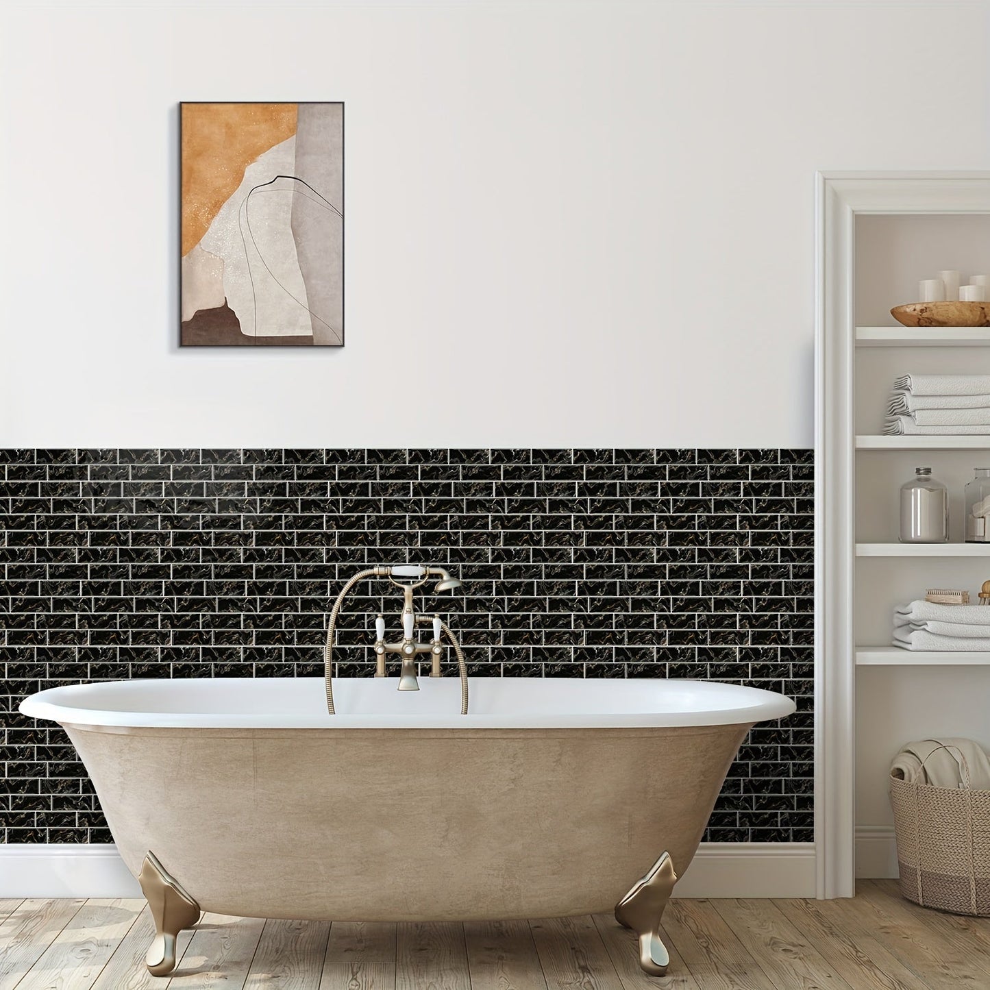 Each set includes 12 pieces of peel and stick black and golden quicksand brick pattern mosaic marble tile stickers. These 30.48 cm x 30.48 cm 3D self-adhesive wall tile stickers are waterproof and moisture-proof PVC stickers perfect for decorating