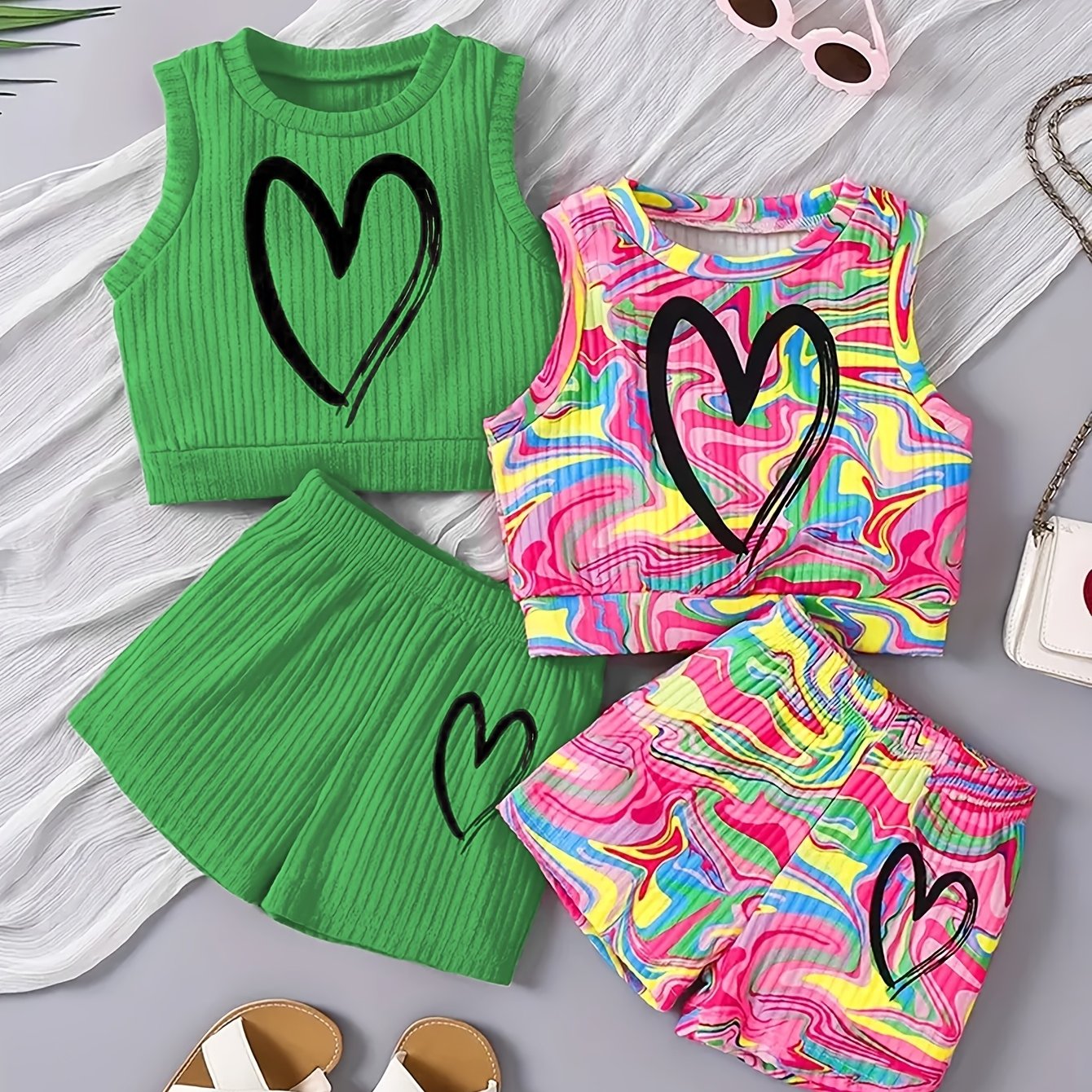 4-piece girls' summer outfit set featuring a strapless heart print tank top and shorts. Made of casual polyester knit fabric with medium stretch for a loose fit. Ideal for outdoor